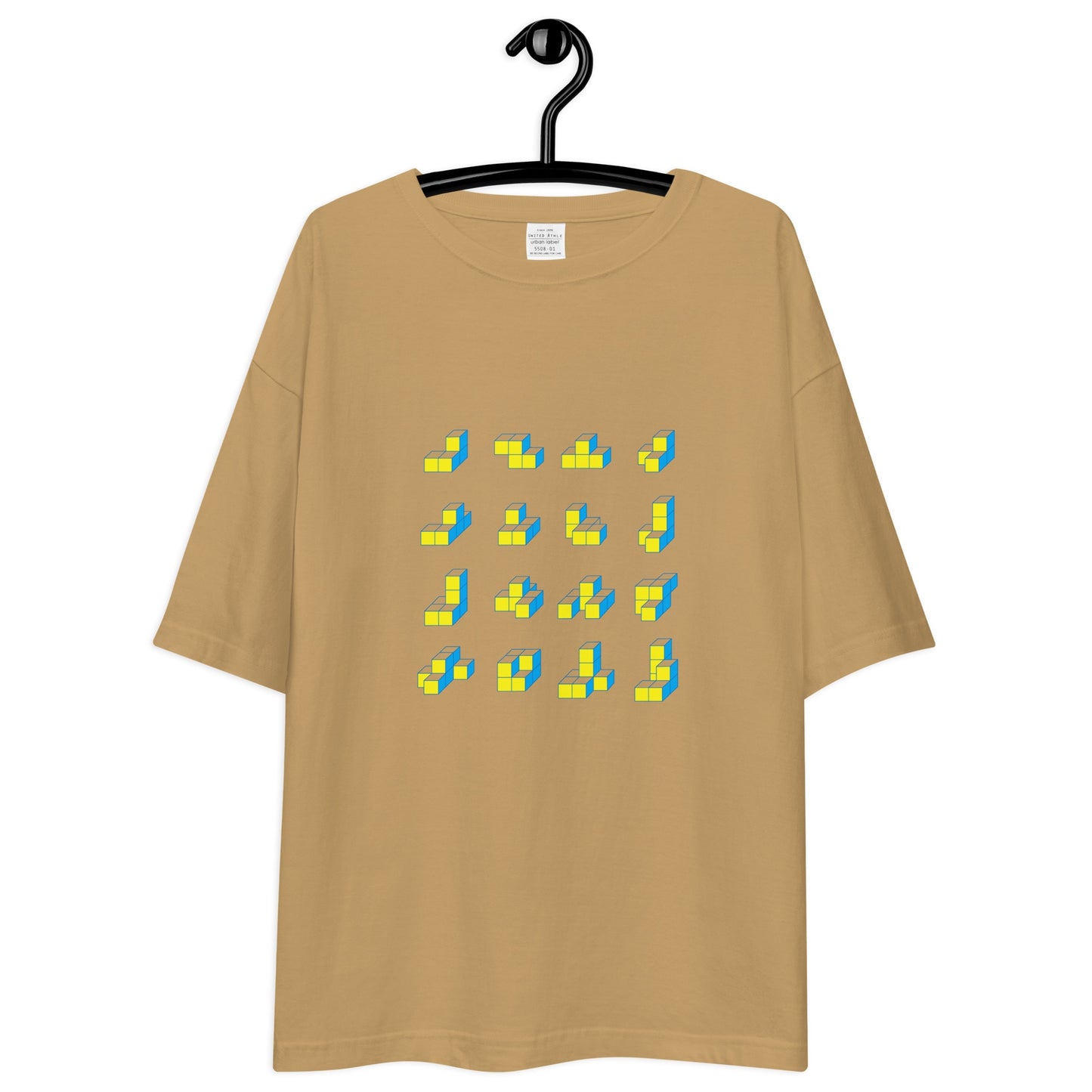 キューブ 黄×青 ビッグシルエットTシャツ [ライトカラー] サンドカーキ S 02